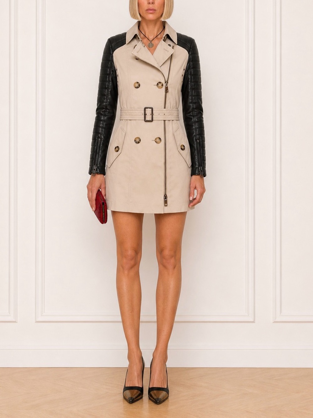 Burberry Prorsum Stone gabardine Trench Coat Black Quilted Leather sleeves 40 S